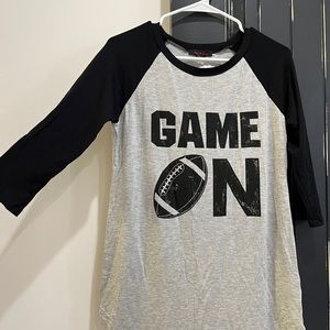 light grey “game on” shirt